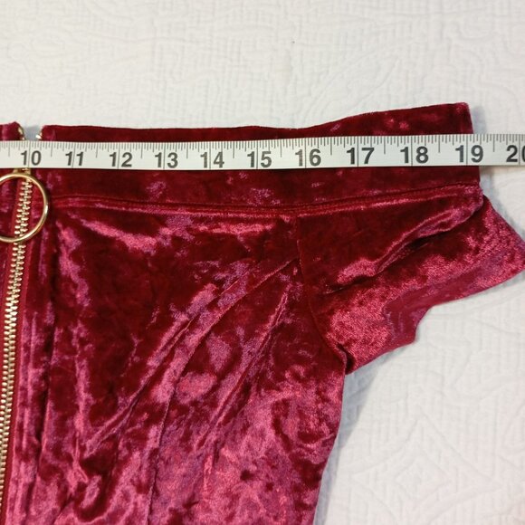 Burgundy Off-Shoulder Velvet Mini Dress With Gold Zipper Front By Essue Size M - Picture 7 of 8